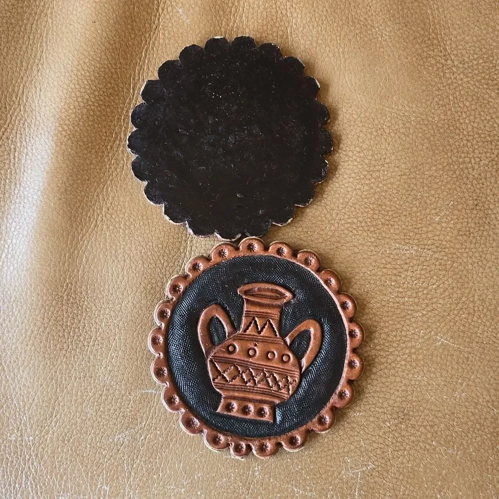 Hand‑Tooled Leather Coaster Set of 2 – Peruvian Water Jug Design